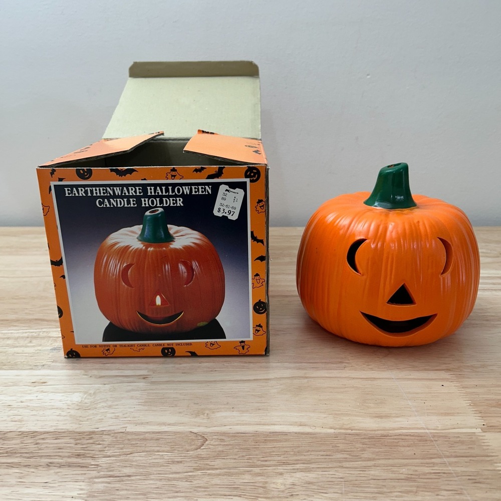Vtg Earthenware Halloween Jack O Lantern Candle Holder Ceramic Pumpkin Kmart